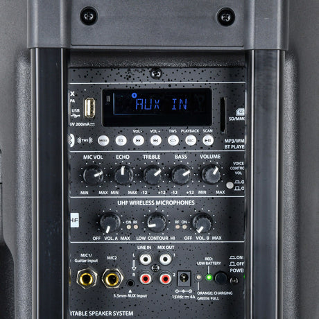 Close-up of the QTX QR12PA Portable PA Speaker rear panel showing AUX IN display, USB, SD slot, control knobs, mic inputs and power controls.