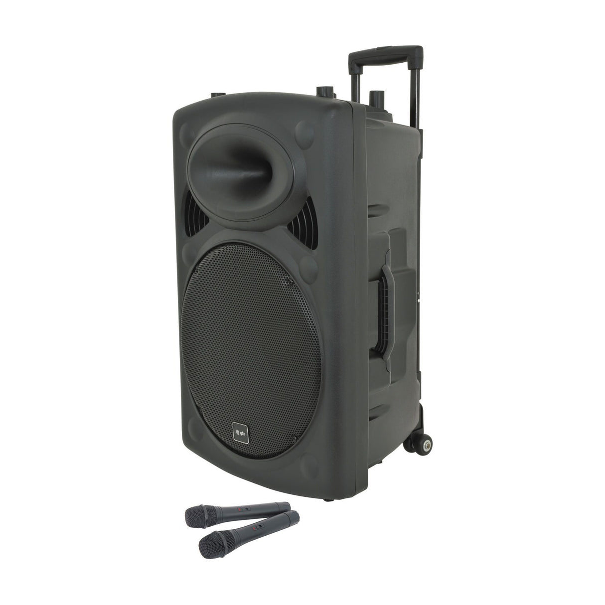 QTX QR15PA portable PA speaker with retractable trolley handle, wheels, front driver and horn, shown with two handheld UHF microphones on a white background.