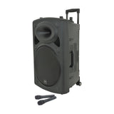 QTX QR15PA portable PA speaker with retractable trolley handle, wheels, front driver and horn, shown with two handheld UHF microphones on a white background.