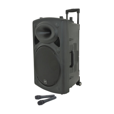 QTX QR15PA portable PA speaker with retractable trolley handle, wheels, front driver and horn, shown with two handheld UHF microphones on a white background.