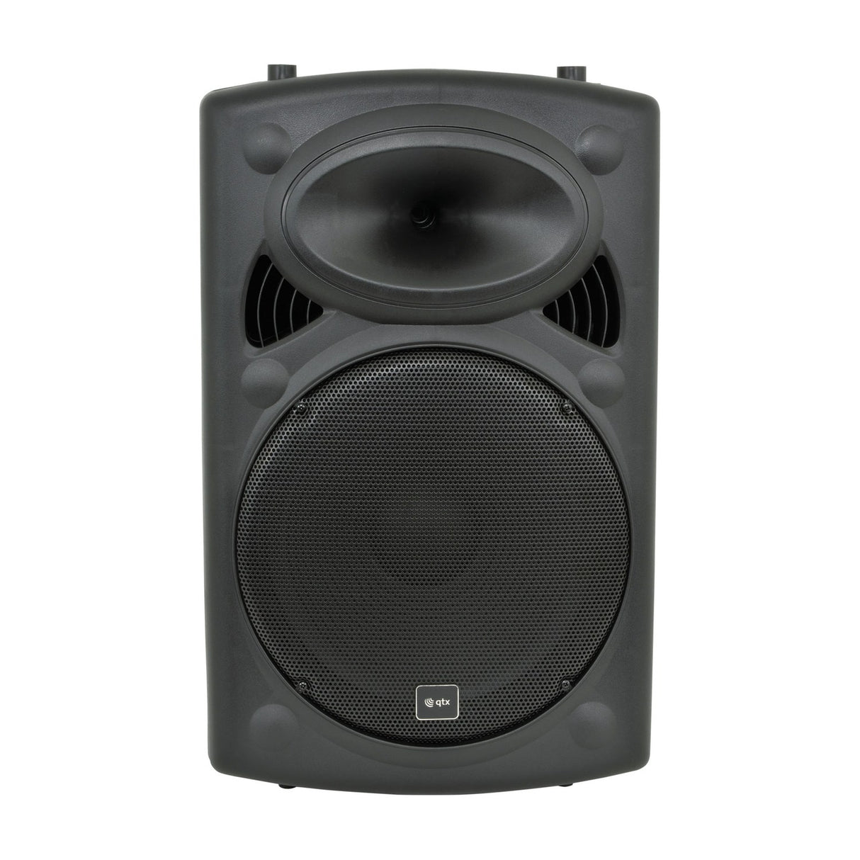 QTX QR15PA portable PA speaker with black moulded cabinet, compression horn tweeter and mesh-grilled woofer, shown front-on against a plain white background.