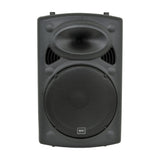 QTX QR15PA portable PA speaker with black moulded cabinet, compression horn tweeter and mesh-grilled woofer, shown front-on against a plain white background.