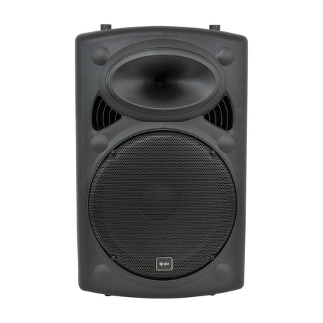 QTX QR15PA portable PA speaker with black moulded cabinet, compression horn tweeter and mesh-grilled woofer, shown front-on against a plain white background.