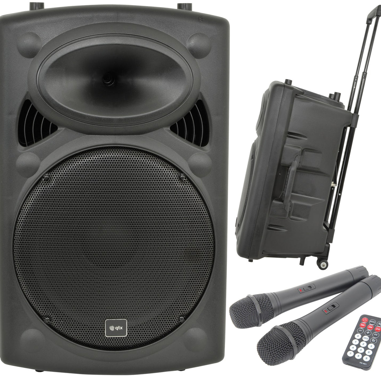 QTX QR15PA portable PA speaker shown front-on and side-on with retractable trolley handle and wheels, alongside two UHF handheld microphones and remote.