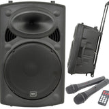 QTX QR15PA portable PA speaker shown front-on and side-on with retractable trolley handle and wheels, alongside two UHF handheld microphones and remote.