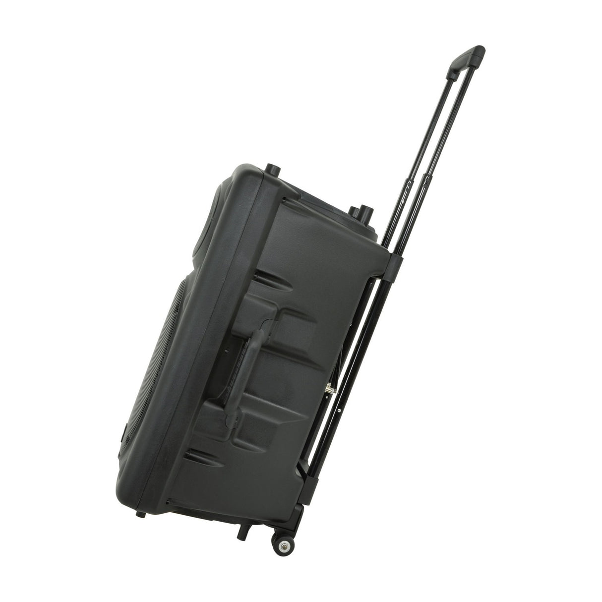 QTX QR15PA portable PA speaker by AVSL shown side-on with extended trolley handle, rear wheels, moulded grip and black casing on a white background.