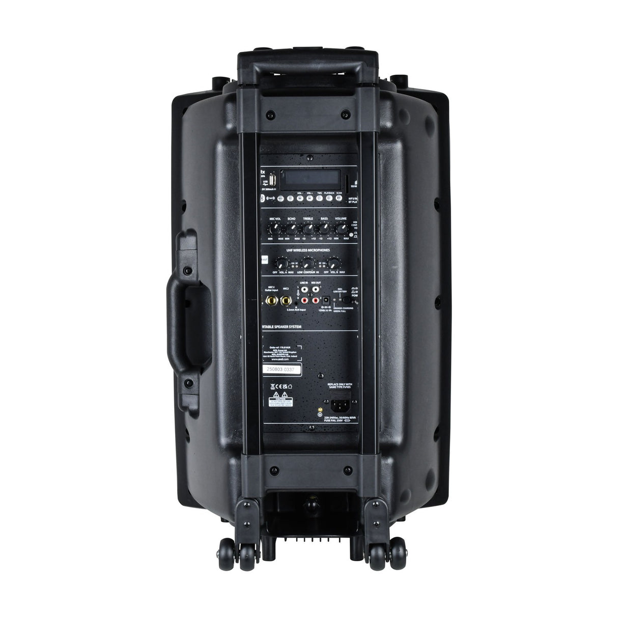 Rear view of the QTX QR15PA portable PA speaker from AVSL, showing the mixer panel with control knobs, media player, input sockets, trolley handle and wheels.