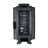 Rear view of the QTX QR15PA portable PA speaker from AVSL, showing the mixer panel with control knobs, media player, input sockets, trolley handle and wheels.