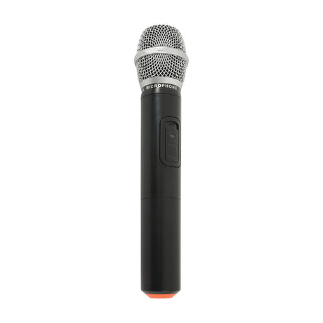 QTX DHH-863.1 handheld wireless microphone with silver mesh grille, black body and on/off switch, shown upright on a plain white background.