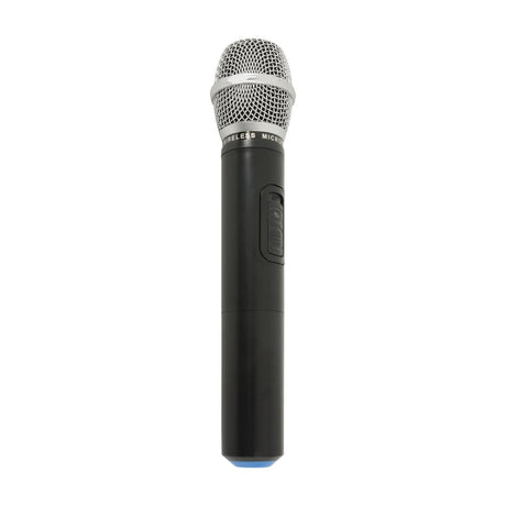 QTX DHH-864.9 handheld wireless microphone with black body, silver mesh grille, on/off switch and blue base ring, shown on a plain white background.