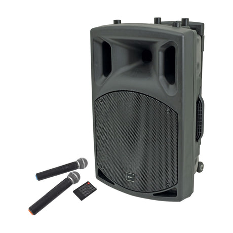 QTX QX12PA portable powered PA speaker in black with mesh grille, top controls and side handle, shown with two wireless microphones and remote.