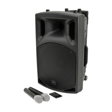 QTX QX12PA-plus portable PA system by AVSL in black moulded cabinet with mesh grille, two UHF handheld microphones and remote on a white background.