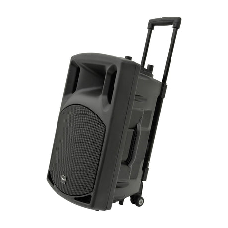 QTX QX12PA-plus portable PA system with moulded black cabinet, front speaker grille, carry handles, extended trolley handle and rear wheels on white.
