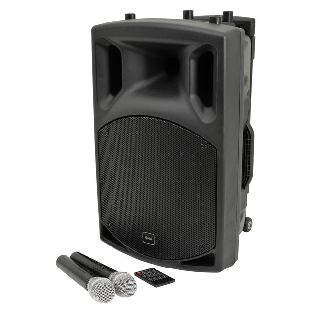 The QTX QX12PA-PLUS Portable PA system is equipped with a large black speaker featuring a mesh front panel. It comes with UHF wireless microphones and Bluetooth connectivity, ensuring versatile use. The design includes a handle for easy transportation, top ports for accessibility, and it also features a small remote control for added convenience.