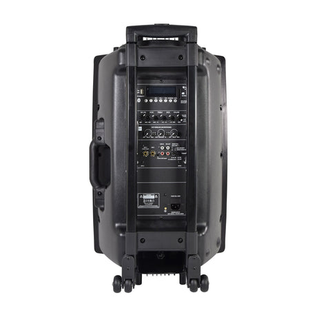 Rear view of QTX QX15PA portable PA speaker showing control knobs, USB display, input jacks, power socket, handles, and caster wheels on white background.