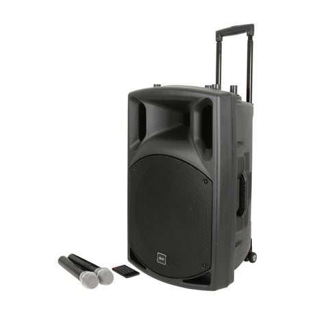 QTX QX15PA-plus portable PA system in black with retractable trolley handle, two UHF handheld microphones and remote on a white background.