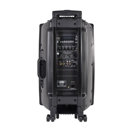 Rear view of QTX QX15PA-plus portable PA system by AVSL, showing control panel with knobs, USB, SD, Bluetooth, mic inputs, trolley handle and wheels.