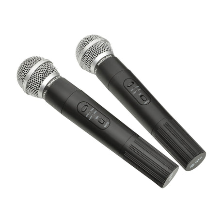 Two black UHF wireless handheld microphones with mesh heads and power, mute, and battery controls, shown on a plain white background.