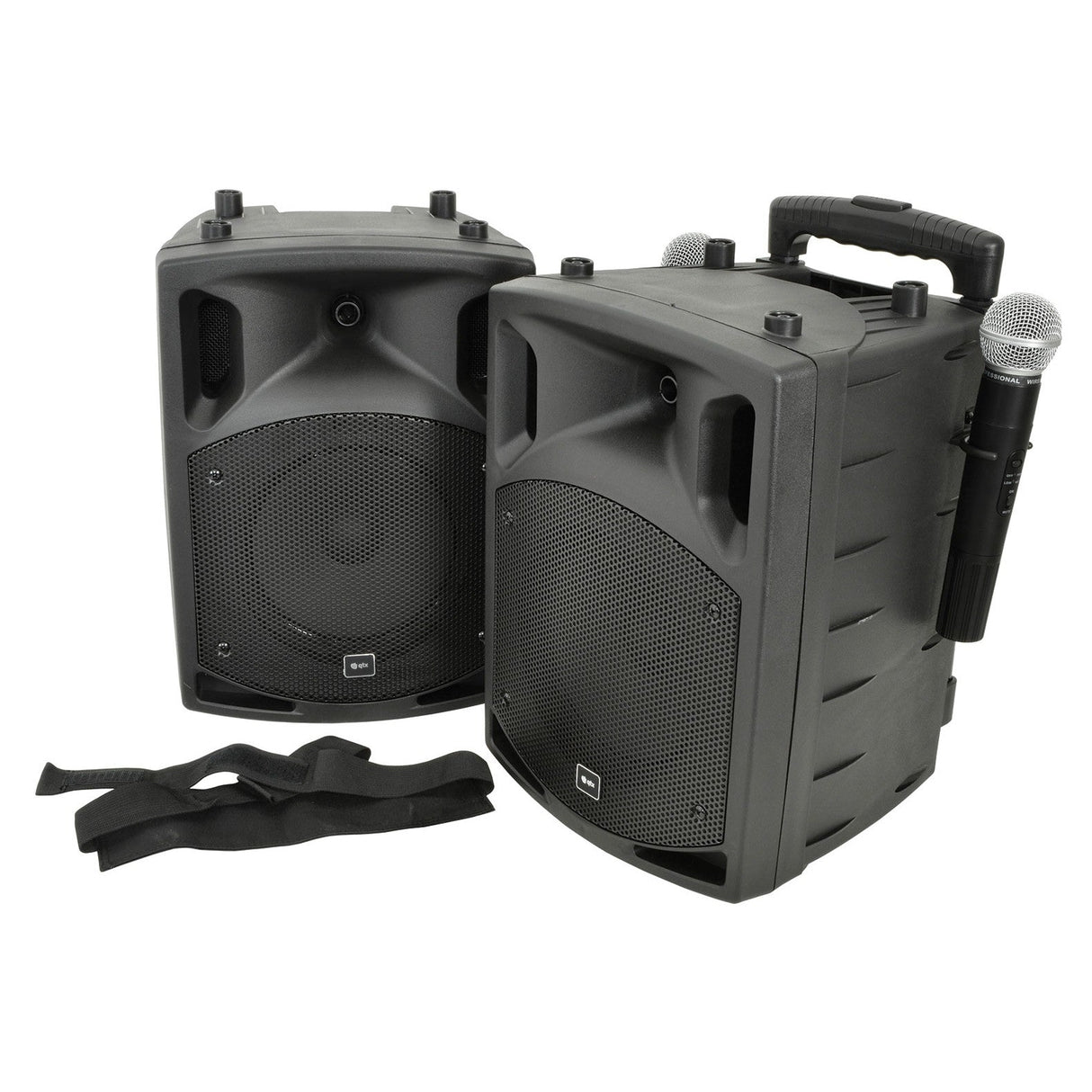 Two black QTX PAV8 portable speakers with a curved design are shown side by side. One speaker includes an attached UHF microphone, featuring a handle above and two straps lying in front, all components of this efficient portable PA system.