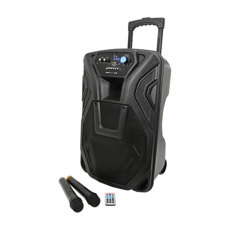 QTX Busker-12 portable PA system with trolley handle, front control panel, two VHF handheld microphones and remote, on a white background.