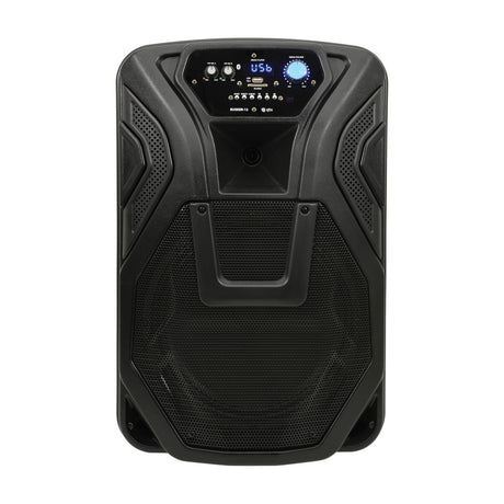 QTX Busker-12 portable PA speaker in black with front control panel, VHF mic dials, media player display, USB port and mesh speaker grille.