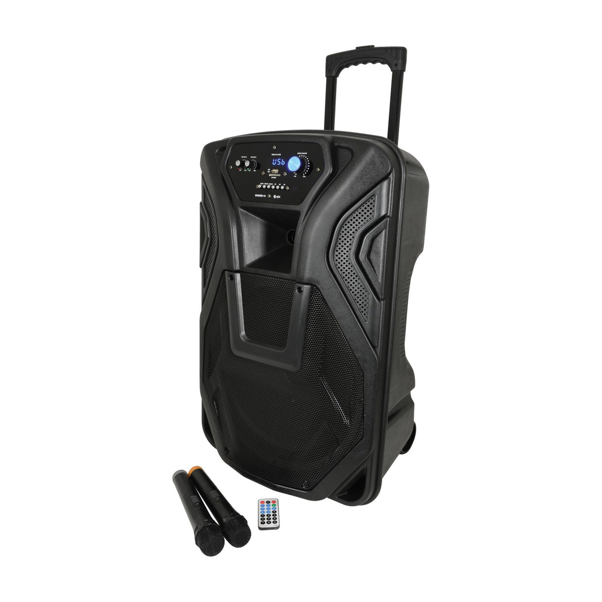 QTX Busker-15 Portable PA with VHF Mics & Media Player