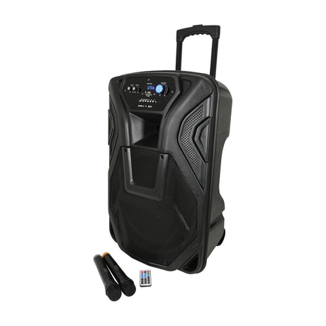 QTX Busker-15 portable PA speaker in black with wheels, telescopic handle, and front control panel with display, includes two VHF microphones and remote.