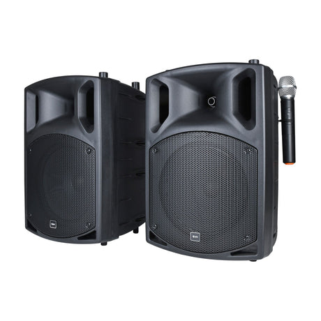 QTX PAV10 portable PA set by AVSL with two black moulded speaker cabinets and a UHF handheld microphone, shown on a plain white background.