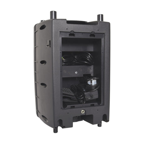 QTX PAV10 portable PA speaker cabinet shown from the rear with open storage compartment holding cables, power adaptor and accessories, on white.