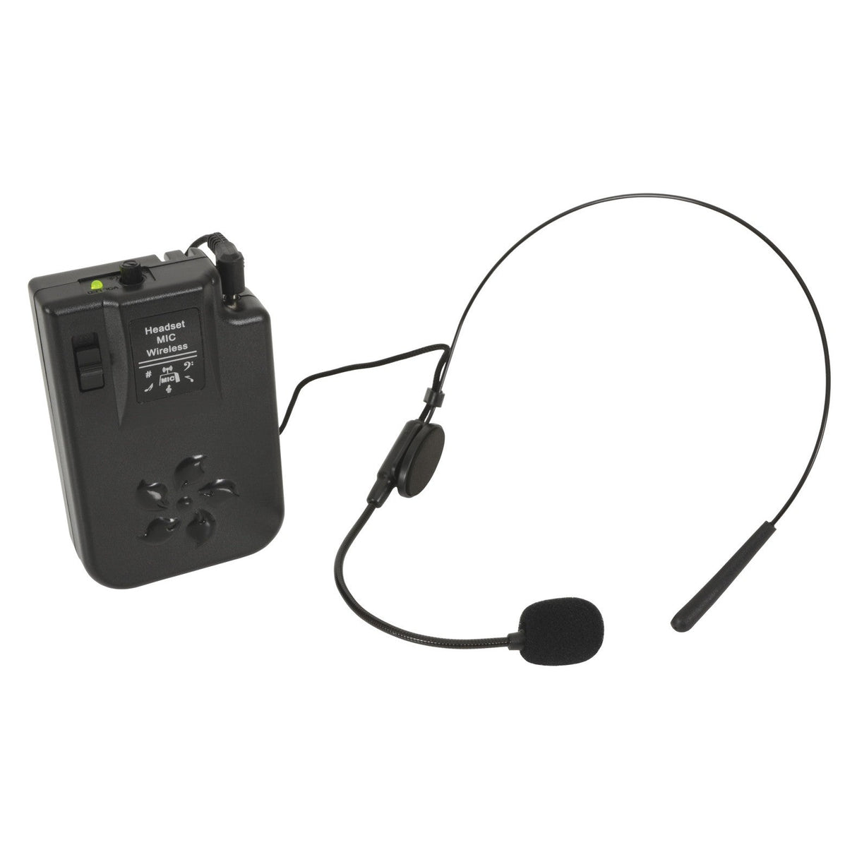 The QTX Headset For Busker, Quest & PAL - 174.1 MHz is a black wireless headset microphone featuring an adjustable headband and an attached VHF beltpack transmitter. The transmitter includes control buttons and an antenna, making it ideal for hands-free audio transmission with portable PA units.
