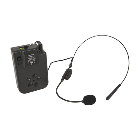 QTX BHS-175.0 VHF headset microphone with black beltpack transmitter, 3.5mm jack connection, and foam-tipped boom mic, shown on a plain white background.