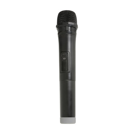 QTX BHH-174.1 handheld wireless microphone in matte black with mesh grille, on/off switch and grey base cap, shown on a plain white background.