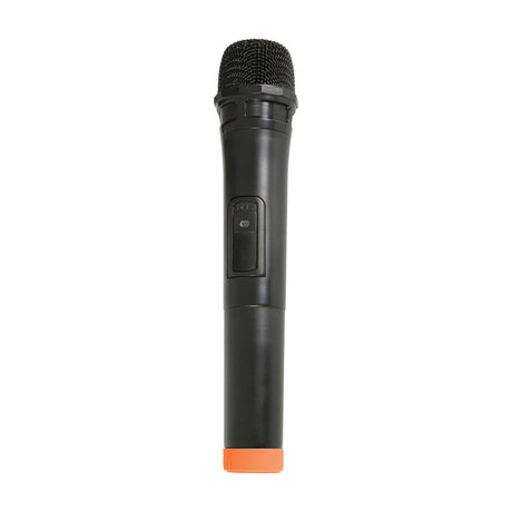 QTX BHH-175.0 handheld wireless microphone with black casing, mesh head, side power switch and orange base cap, shown on a plain white background.