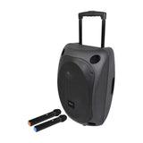 QTX QOVA-12PA portable PA system in black with extended trolley handle, front grille and two UHF handheld microphones on a white background.