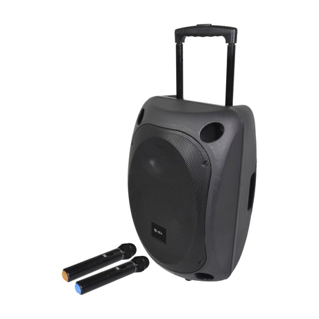 QTX QOVA-12PA portable PA system in black with extended trolley handle, front grille and two UHF handheld microphones on a white background.