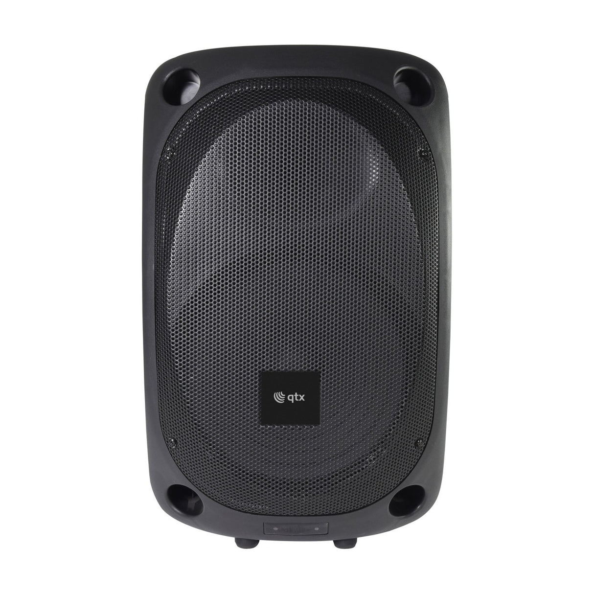 Front view of the QTX QOVA-12PA battery-powered portable PA system with 12" driver behind a black mesh grille and moulded cabinet, on a white background.