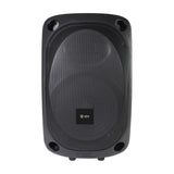 Front view of the QTX QOVA-12PA battery-powered portable PA system with 12" driver behind a black mesh grille and moulded cabinet, on a white background.