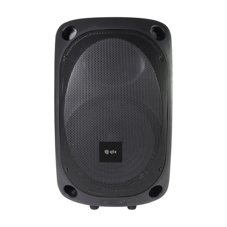 Front view of the QTX QOVA-12PA battery-powered portable PA system with 12" driver behind a black mesh grille and moulded cabinet, on a white background.
