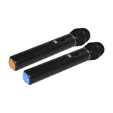 Pair of QTX QOVA-12PA UHF handheld wireless microphones with black casings, power buttons, and orange and blue base rings, shown on a white background.