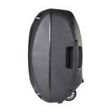 Side view of the QTX QOVA-12PA Battery-Powered Portable PA System by AVSL, showing the ovoid moulded cabinet, side handle and trolley wheel.