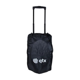 QTX QOVA-12PA portable PA system by AVSL shown in its black transit bag with extended pull-out trolley handle, against a plain white background.