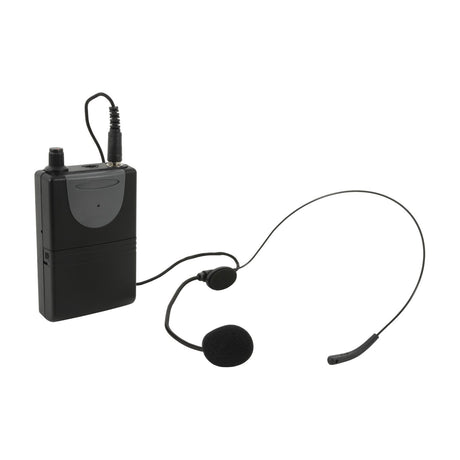 QTX QHS-174.1 neckband microphone with foam-tipped boom connected via threaded 3.5mm jack to a black beltpack transmitter, shown on a white background.