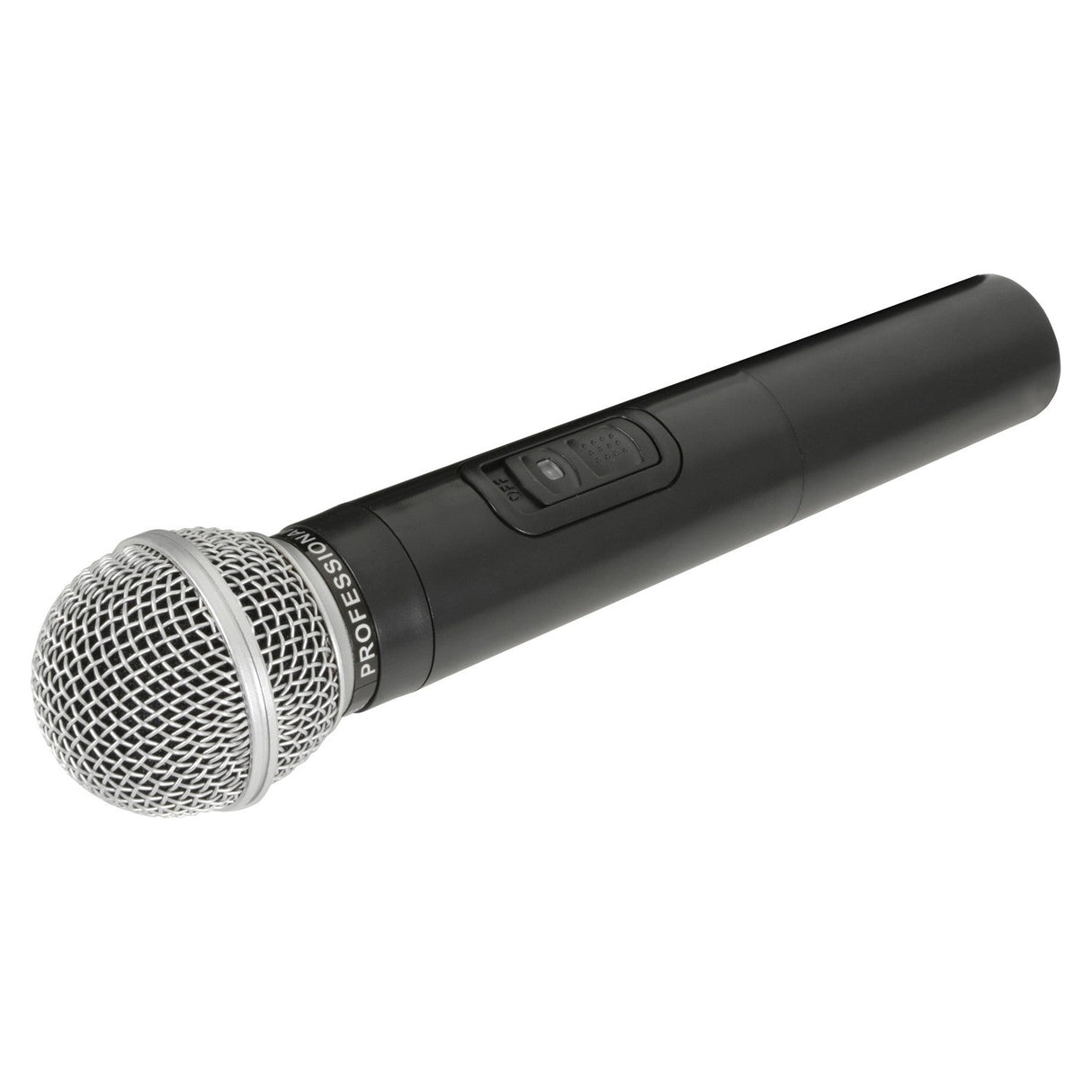 The QTX Handheld Microphone QR+QXPA-175.0mhz is a black wireless microphone from the VHF models, featuring a silver mesh head, a power button, and labeled as Professional. This portable PA essential is positioned diagonally with the mesh head on the left side.