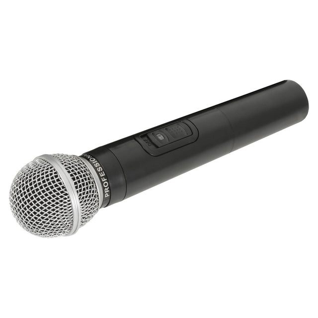 The QTX Handheld Microphone QR+QXPA-175.0mhz is a black wireless microphone from the VHF models, featuring a silver mesh head, a power button, and labeled as Professional. This portable PA essential is positioned diagonally with the mesh head on the left side.