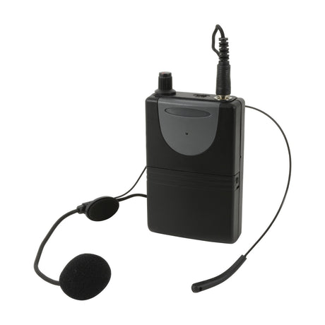 QTX QHS-863.8 UHF beltpack transmitter with black neckband microphone and threaded 3.5mm jack, shown on a plain white background.