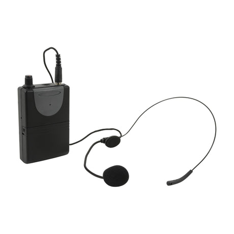 QTX QHS-863.8 UHF wireless microphone set by AVSL with black beltpack transmitter, threaded 3.5mm jack cable and neckband headset mic on a white background.