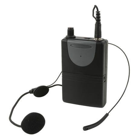 Introducing the QTX Headset for Qxpa-Plus 863.8 MHz, a wireless microphone system that includes a stylish black beltpack transmitter and an attached headset microphone. The headset is designed with a flexible boom arm and a foam-covered mic, making it perfect for integration with portable PA units. It features a convenient belt clip and exposed connectors for easy operation.