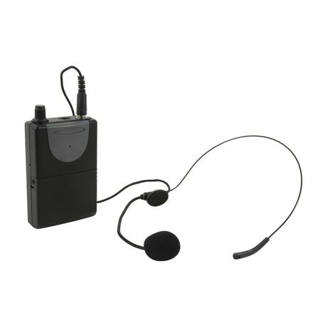 QTX QHS-864.8 UHF neckband microphone with black beltpack transmitter, threaded 3.5mm jack and foam windshield, shown on a plain white background.