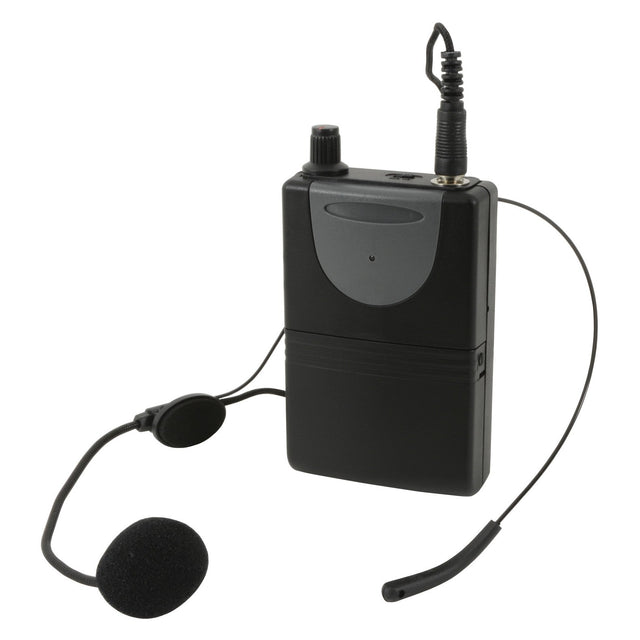Introducing the QTX Headset for Qxpa-Plus 864.8MHz: This wireless microphone set includes a compact beltpack transmitter equipped with a convenient belt clip and an attached neckband microphone featuring a flexible boom arm. Its sleek black design ensures perfect hands-free audio transmission, seamlessly integrating into portable PA units.