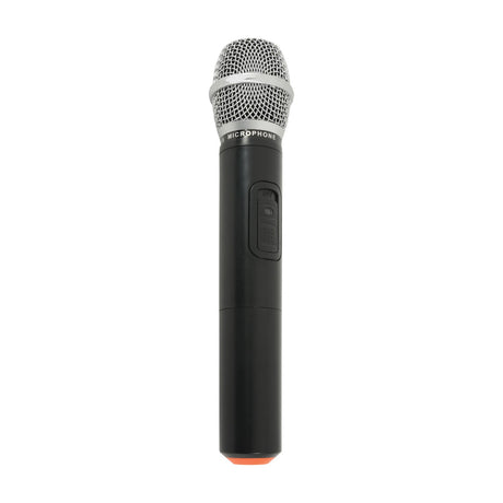 QTX QHH-863.8 UHF handheld wireless microphone by AVSL with silver mesh grille, black barrel and on/off switch, shown on a plain white background.